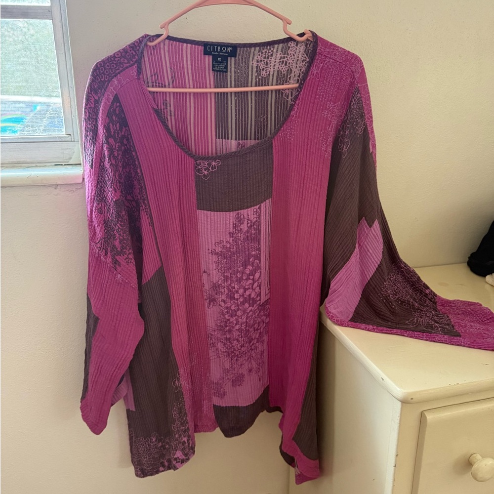 Citron Fuchsia & Brown Patchwork Scoop Neck Tunic. 100% silk.